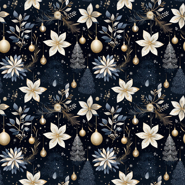 navy blue, cream, gold accents, christmas ornaments, poinsettia flowers, pine trees, evergreen branches, snowflakes, floral motifs, botanical elements, repeating pattern, seamless design,, fabric panel, holiday theme, winter decor, elegant style, sophisticated palette, christmas fabric, festive pattern