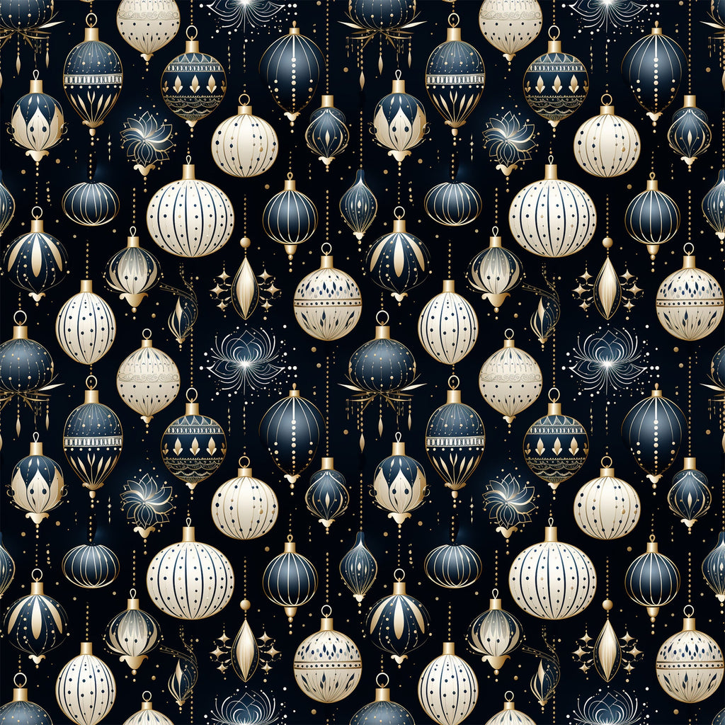 navy blue, cream, gold accents, christmas ornaments, baubles, decorative balls, geometric patterns, art deco style, elegant design, festive motifs,, fabric panel, holiday theme, sophisticated pattern, repeating design, metallic details, winter decorations, seamless pattern, luxury ornaments, christmas crafting