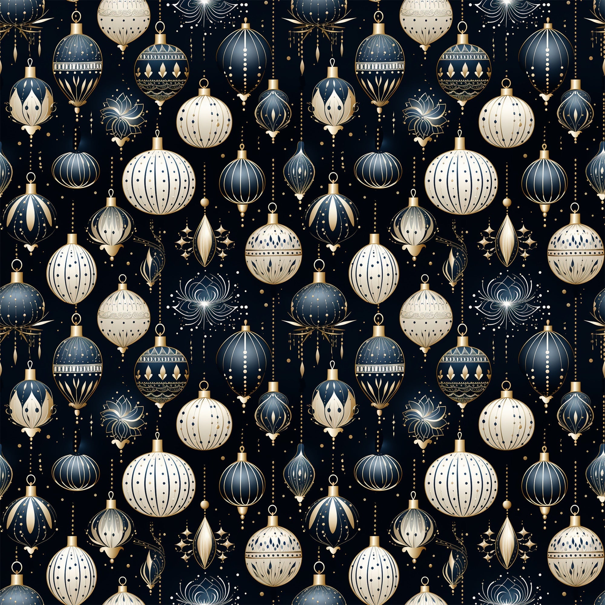 navy blue, cream, gold accents, christmas ornaments, baubles, decorative balls, geometric patterns, art deco style, elegant design, festive motifs,, fabric panel, holiday theme, sophisticated pattern, repeating design, metallic details, winter decorations, seamless pattern, luxury ornaments, christmas crafting