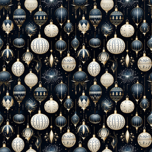 navy blue, cream, gold accents, christmas ornaments, baubles, decorative balls, geometric patterns, art deco style, elegant design, festive motifs,, fabric panel, holiday theme, sophisticated pattern, repeating design, metallic details, winter decorations, seamless pattern, luxury ornaments, christmas crafting