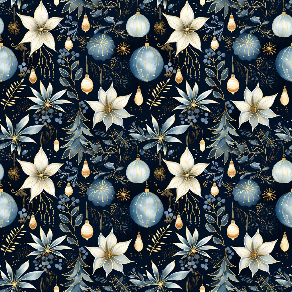 navy blue, cream, gold accents, christmas ornaments, poinsettia flowers, floral pattern, holiday motifs, decorative baubles, botanical elements, seamless repeat, elegant design, festive theme,, fabric panel, winter florals, ornamental design, sophisticated palette, christmas decor, holiday crafting, premium cotton