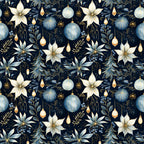 navy blue, cream, gold accents, christmas ornaments, poinsettia flowers, floral pattern, holiday motifs, decorative baubles, botanical elements, seamless repeat, elegant design, festive theme,, fabric panel, winter florals, ornamental design, sophisticated palette, christmas decor, holiday crafting, premium cotton