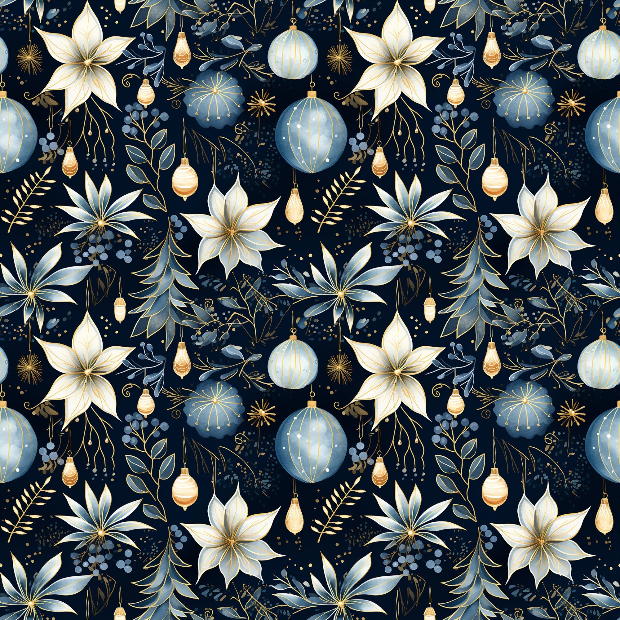 navy blue, cream, gold accents, christmas ornaments, poinsettia flowers, floral pattern, holiday motifs, decorative baubles, botanical elements, seamless repeat, elegant design, festive theme,, fabric panel, winter florals, ornamental design, sophisticated palette, christmas decor, holiday crafting, premium cotton