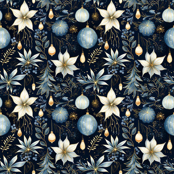 navy blue, cream, gold accents, christmas ornaments, poinsettia flowers, floral pattern, holiday motifs, decorative baubles, botanical elements, seamless repeat, elegant design, festive theme,, fabric panel, winter florals, ornamental design, sophisticated palette, christmas decor, holiday crafting, premium cotton