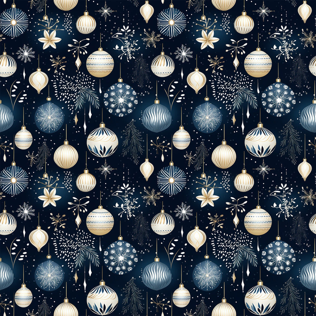 navy blue, cream, gold, christmas ornaments, baubles, snowflakes, evergreen branches, stars, holiday pattern, winter motifs,, fabric panel, seamless repeat, festive design, geometric ornaments, botanical elements, christmas decorations, elegant holiday, coordinating colors, seasonal fabric
