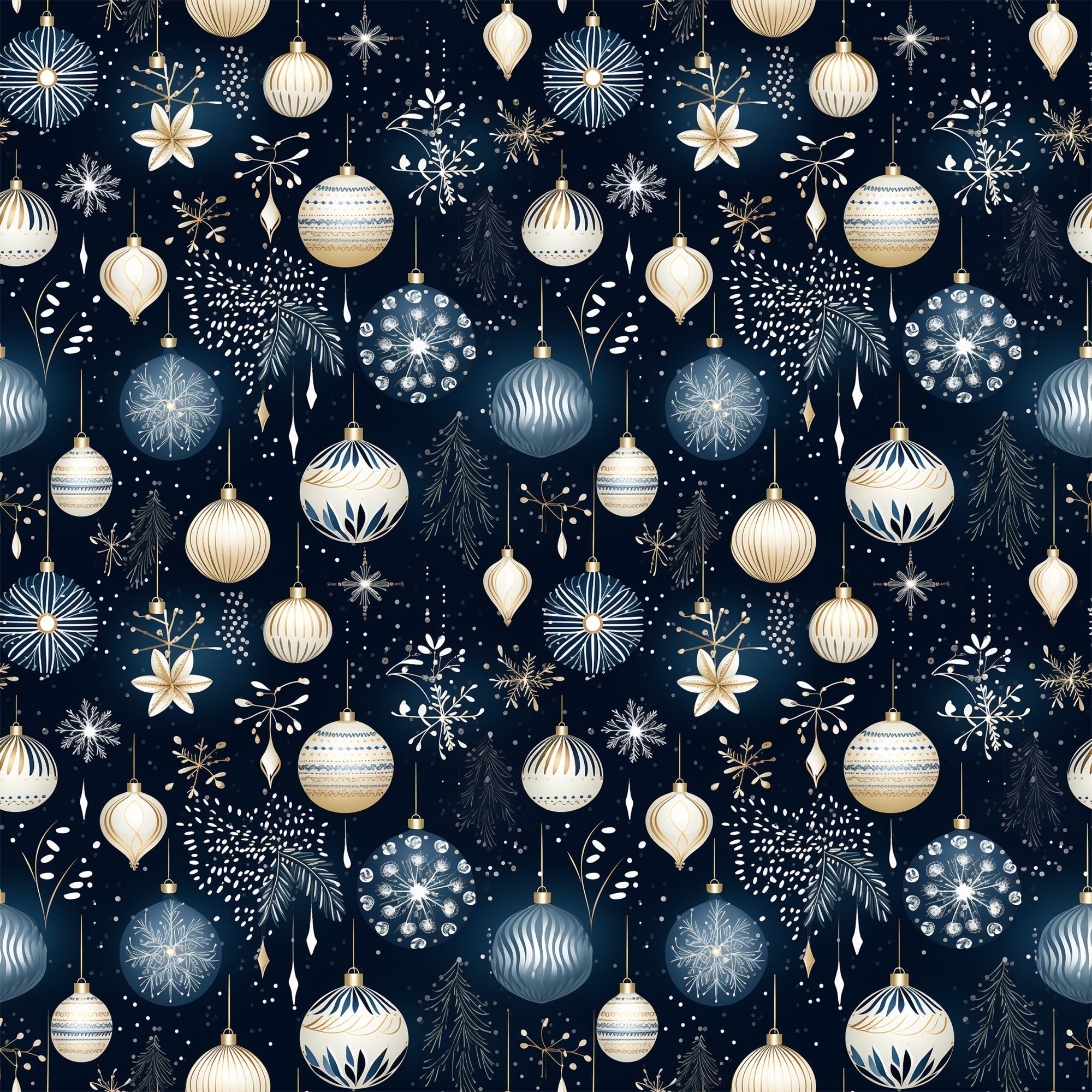 navy blue, cream, gold, christmas ornaments, baubles, snowflakes, evergreen branches, stars, holiday pattern, winter motifs,, fabric panel, seamless repeat, festive design, geometric ornaments, botanical elements, christmas decorations, elegant holiday, coordinating colors, seasonal fabric
