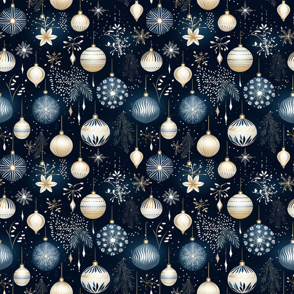 navy blue, cream, gold, christmas ornaments, baubles, snowflakes, evergreen branches, stars, holiday pattern, winter motifs,, fabric panel, seamless repeat, festive design, geometric ornaments, botanical elements, christmas decorations, elegant holiday, coordinating colors, seasonal fabric