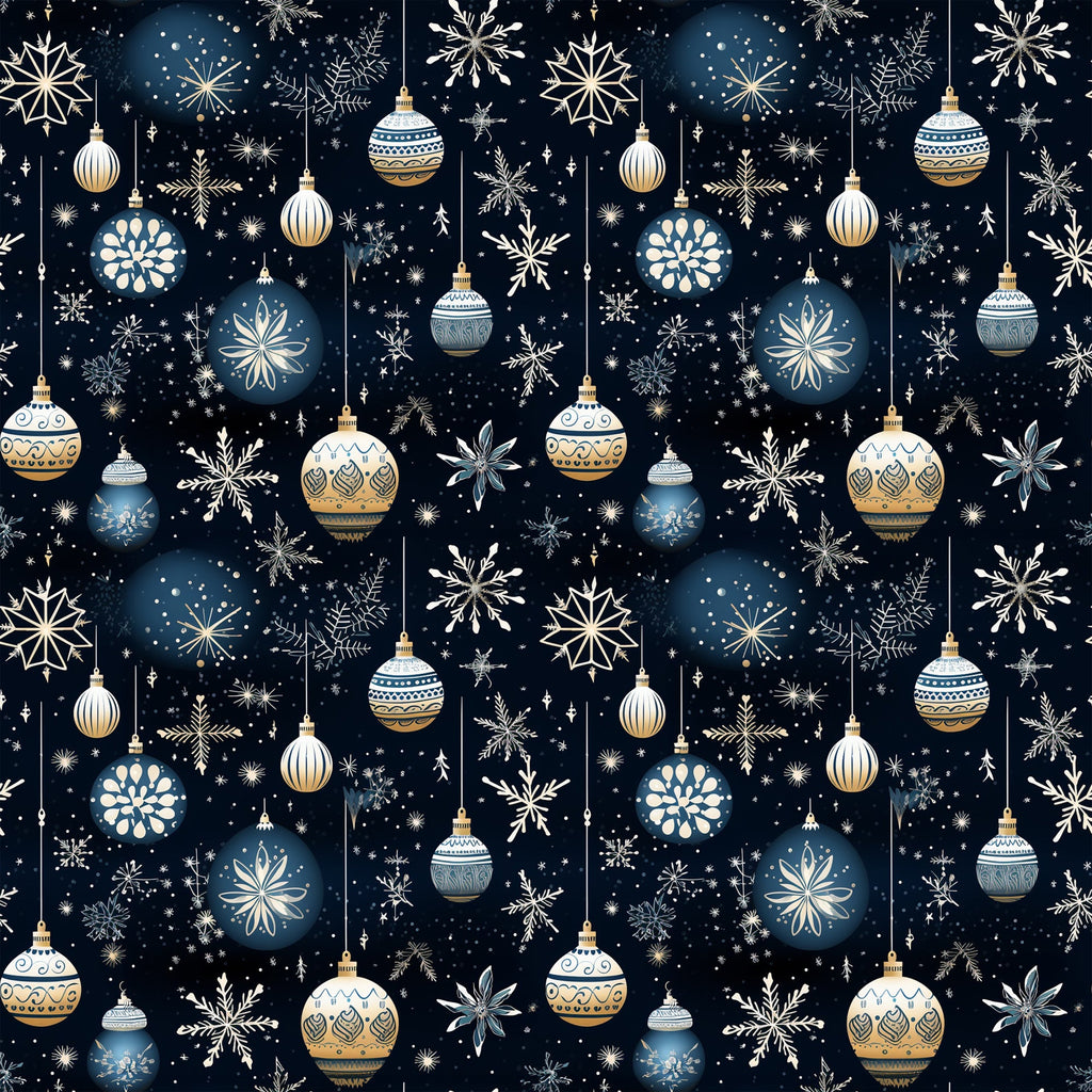 navy blue, cream, gold, white, christmas ornaments, snowflakes, hanging baubles, decorative patterns, winter motifs, starry night, celestial design, geometric ornaments, festive elements,, fabric panel, holiday themed, intricate details, repeating pattern, seasonal design, christmas decorations