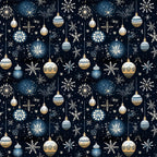 navy blue, cream, gold, white, christmas ornaments, snowflakes, hanging baubles, decorative patterns, winter motifs, starry night, celestial design, geometric ornaments, festive elements,, fabric panel, holiday themed, intricate details, repeating pattern, seasonal design, christmas decorations