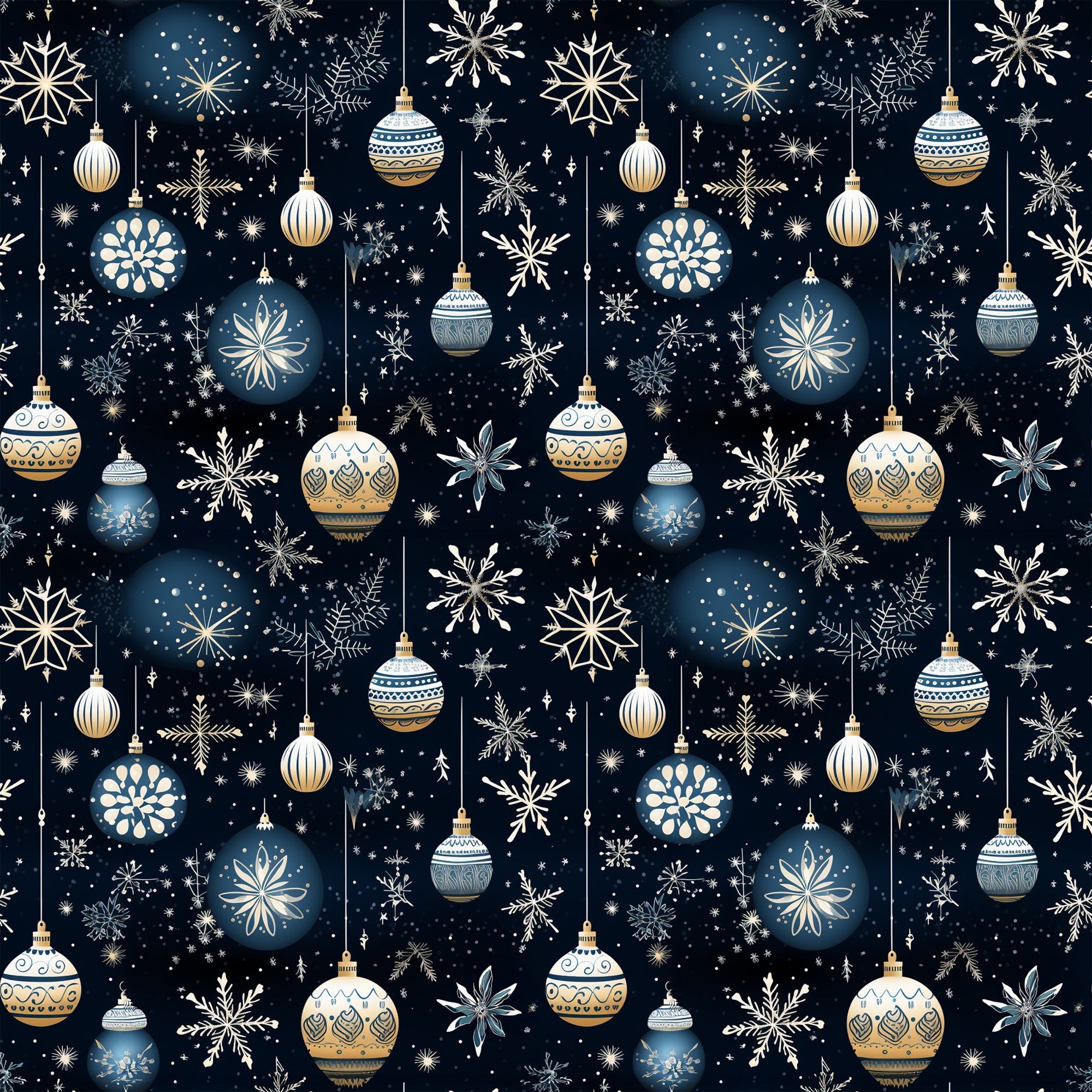 navy blue, cream, gold, white, christmas ornaments, snowflakes, hanging baubles, decorative patterns, winter motifs, starry night, celestial design, geometric ornaments, festive elements,, fabric panel, holiday themed, intricate details, repeating pattern, seasonal design, christmas decorations