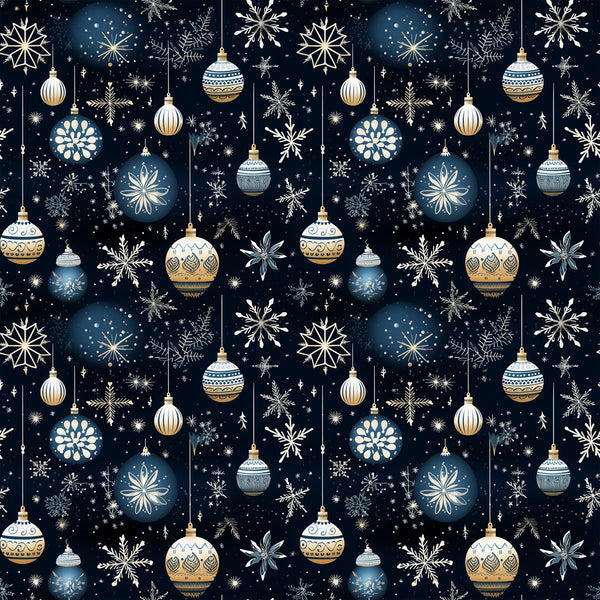 navy blue, cream, gold, white, christmas ornaments, snowflakes, hanging baubles, decorative patterns, winter motifs, starry night, celestial design, geometric ornaments, festive elements,, fabric panel, holiday themed, intricate details, repeating pattern, seasonal design, christmas decorations
