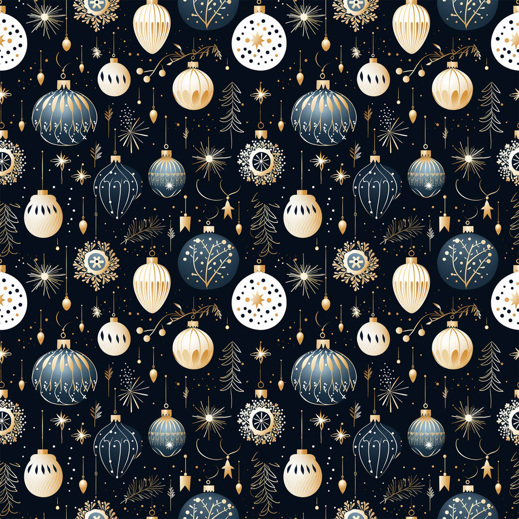navy blue, cream, gold, christmas ornaments, baubles, snowflakes, stars, evergreen trees, polka dots, geometric patterns, repeating design, festive motifs, holiday theme,, fabric panel, winter decorations, ornate details, seamless pattern, christmas decor, metallic accents