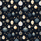 navy blue, cream, gold, christmas ornaments, baubles, snowflakes, stars, evergreen trees, polka dots, geometric patterns, repeating design, festive motifs, holiday theme,, fabric panel, winter decorations, ornate details, seamless pattern, christmas decor, metallic accents