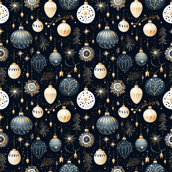 navy blue, cream, gold, christmas ornaments, baubles, snowflakes, stars, evergreen trees, polka dots, geometric patterns, repeating design, festive motifs, holiday theme,, fabric panel, winter decorations, ornate details, seamless pattern, christmas decor, metallic accents