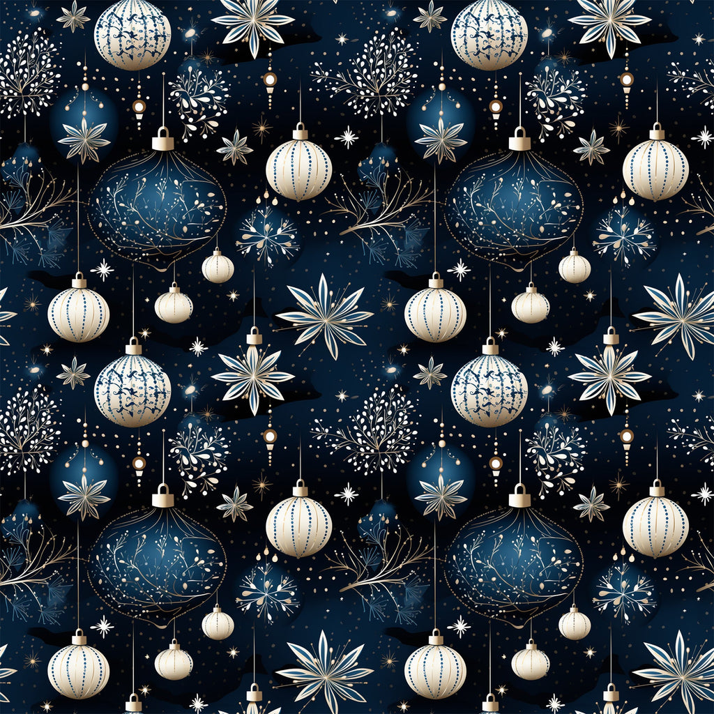 navy blue, cream, gold accents, christmas ornaments, baubles, snowflakes, stars, hanging decorations, repeating pattern, festive design, winter motif, metallic details, geometric ornaments, holiday theme,, fabric panel, seamless repeat, christmas decor, ornamental design, seasonal pattern
