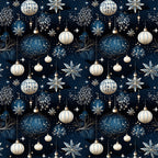 navy blue, cream, gold accents, christmas ornaments, baubles, snowflakes, stars, hanging decorations, repeating pattern, festive design, winter motif, metallic details, geometric ornaments, holiday theme,, fabric panel, seamless repeat, christmas decor, ornamental design, seasonal pattern