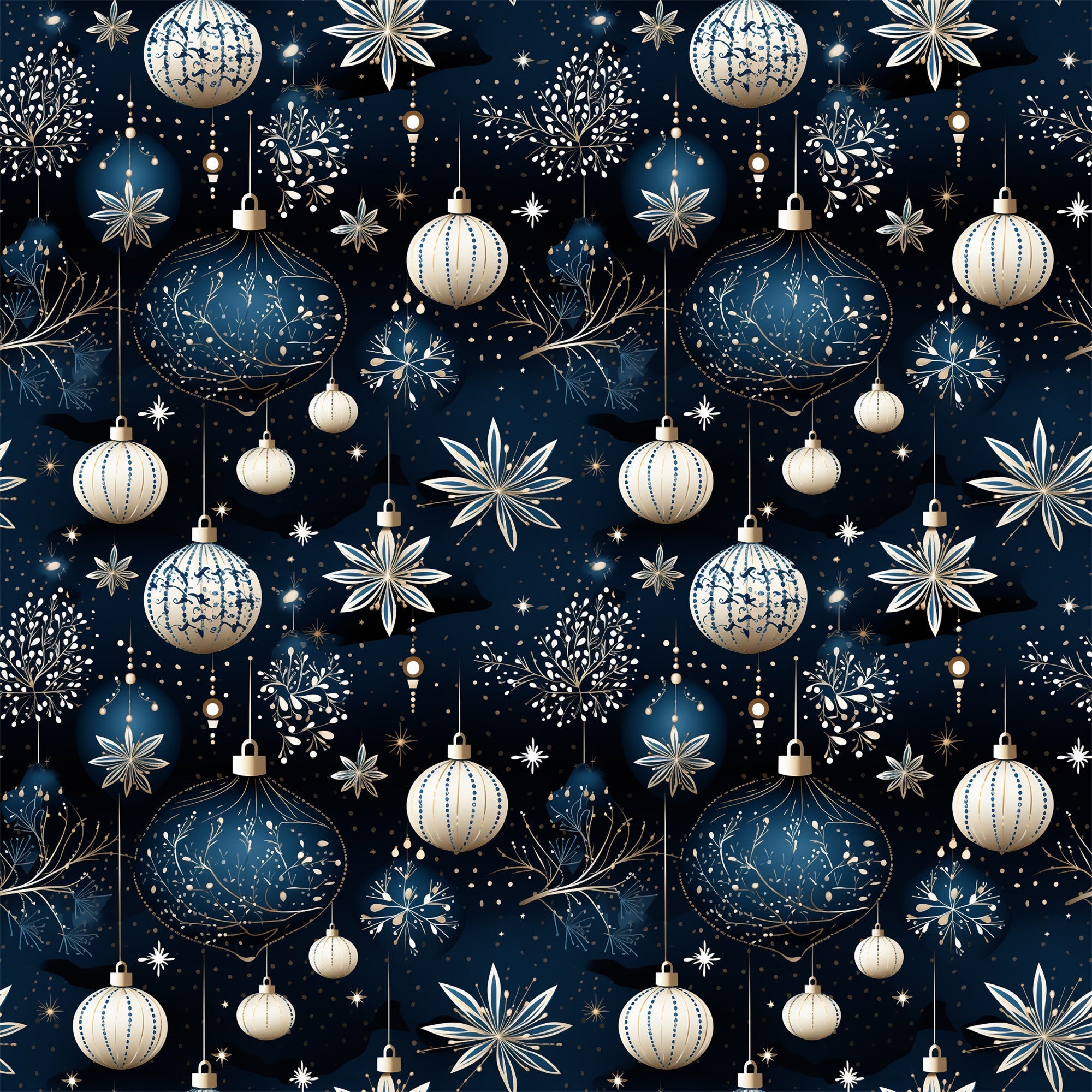 navy blue, cream, gold accents, christmas ornaments, baubles, snowflakes, stars, hanging decorations, repeating pattern, festive design, winter motif, metallic details, geometric ornaments, holiday theme,, fabric panel, seamless repeat, christmas decor, ornamental design, seasonal pattern