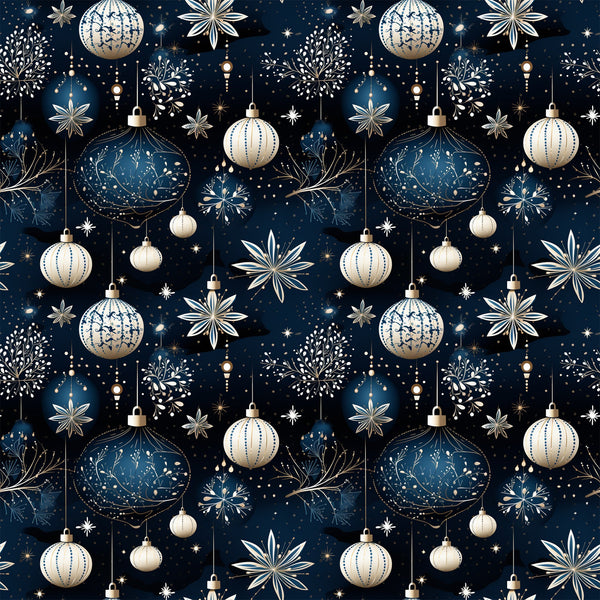 navy blue, cream, gold accents, christmas ornaments, baubles, snowflakes, stars, hanging decorations, repeating pattern, festive design, winter motif, metallic details, geometric ornaments, holiday theme,, fabric panel, seamless repeat, christmas decor, ornamental design, seasonal pattern