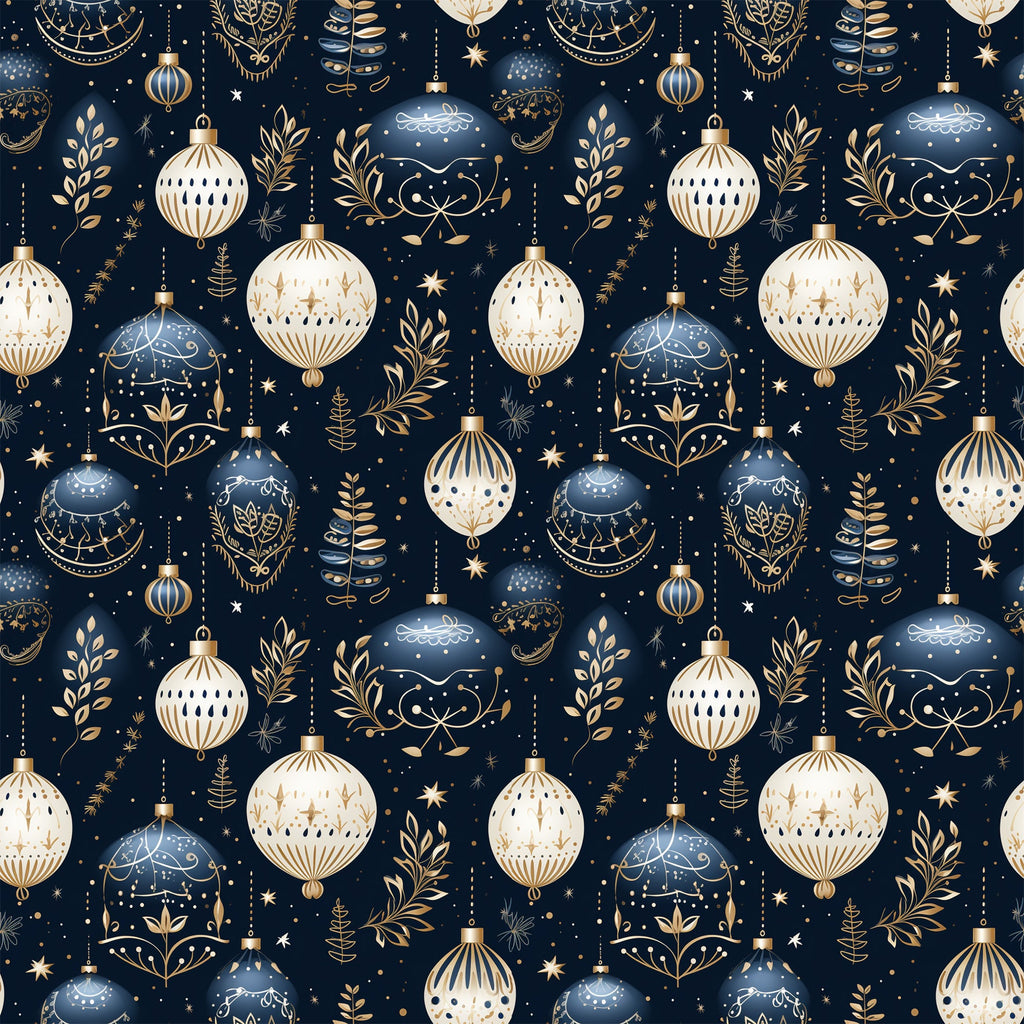 navy blue, cream, gold accents, christmas ornaments, baubles, decorative balls, botanical elements, leaves, branches, stars, repeating pattern, seamless design,, fabric panel, holiday theme, winter decor, elegant ornaments, festive motifs, geometric designs, intricate details