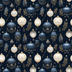 navy blue, cream, gold accents, christmas ornaments, baubles, decorative balls, botanical elements, leaves, branches, stars, repeating pattern, seamless design,, fabric panel, holiday theme, winter decor, elegant ornaments, festive motifs, geometric designs, intricate details