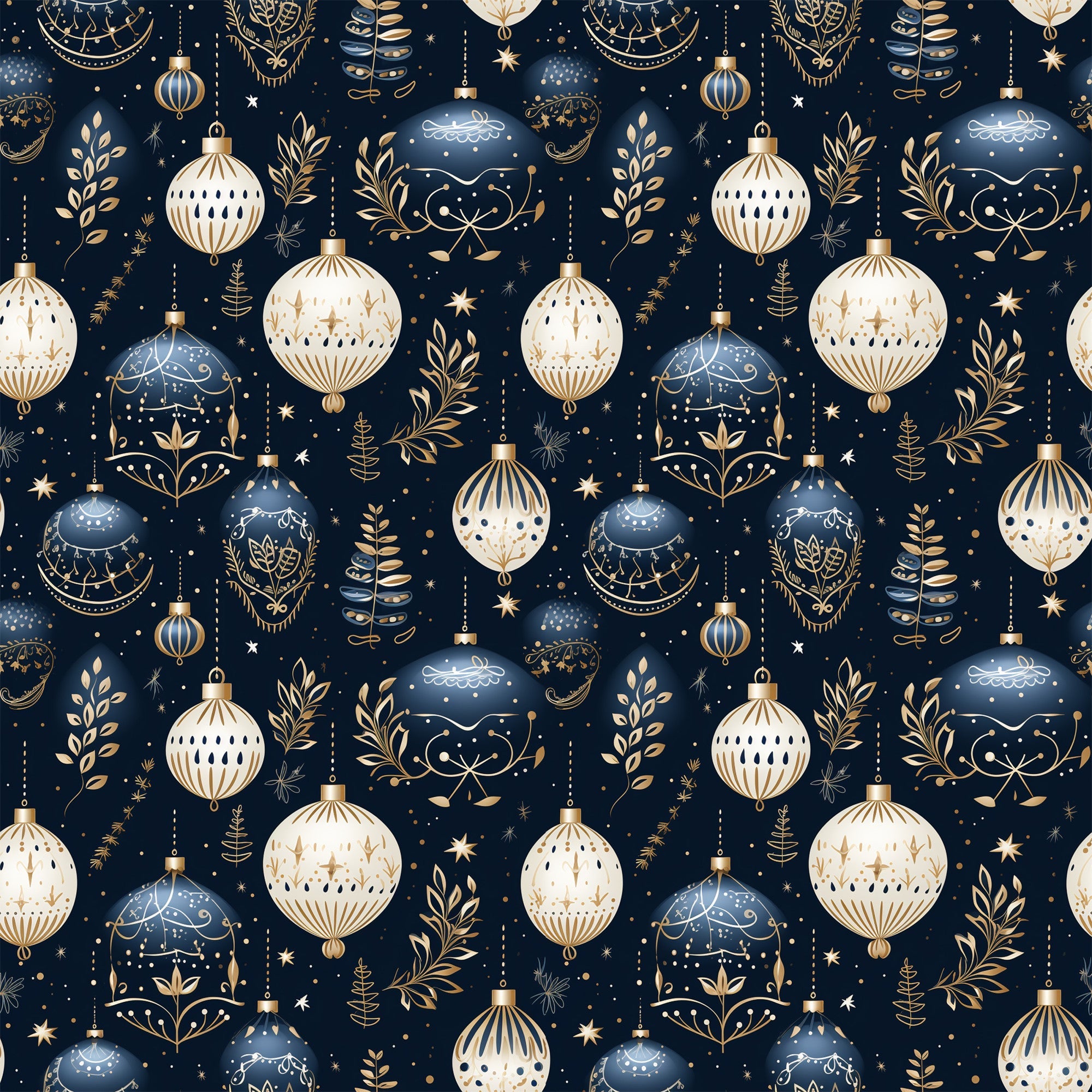 navy blue, cream, gold accents, christmas ornaments, baubles, decorative balls, botanical elements, leaves, branches, stars, repeating pattern, seamless design,, fabric panel, holiday theme, winter decor, elegant ornaments, festive motifs, geometric designs, intricate details