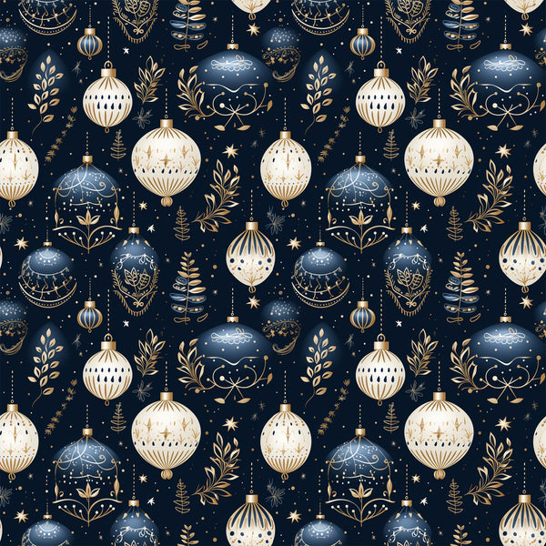 navy blue, cream, gold accents, christmas ornaments, baubles, decorative balls, botanical elements, leaves, branches, stars, repeating pattern, seamless design,, fabric panel, holiday theme, winter decor, elegant ornaments, festive motifs, geometric designs, intricate details