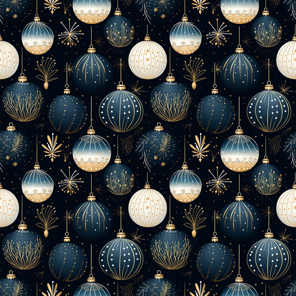 navy blue, cream, gold, christmas ornaments, baubles, decorative balls, fireworks, starbursts, geometric patterns, dots, stripes, floral motifs, festive design, holiday theme,, fabric panel, seamless pattern, elegant ornaments, winter decorations, christmas crafting