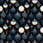 navy blue, cream, gold, christmas ornaments, baubles, decorative balls, fireworks, starbursts, geometric patterns, dots, stripes, floral motifs, festive design, holiday theme,, fabric panel, seamless pattern, elegant ornaments, winter decorations, christmas crafting