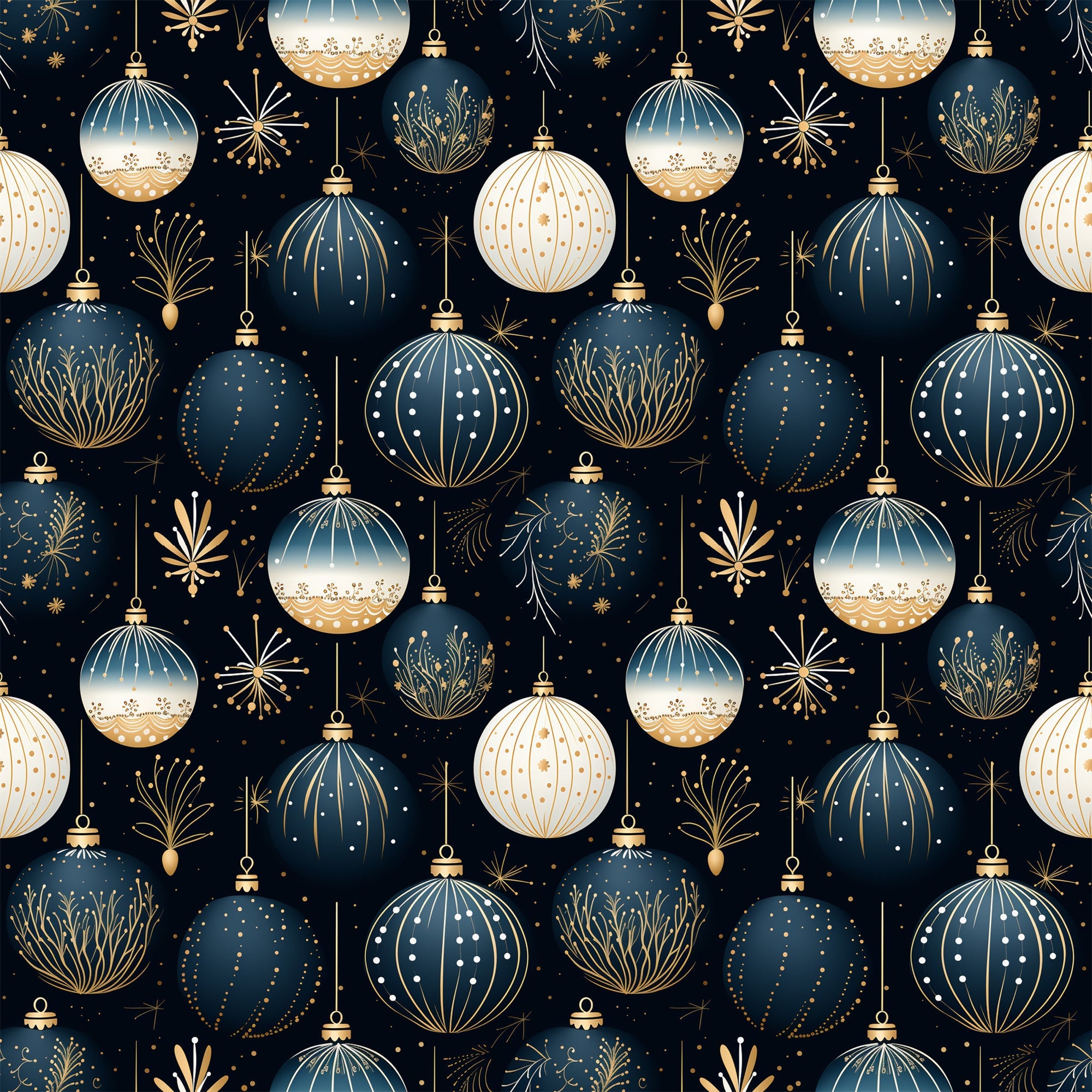 navy blue, cream, gold, christmas ornaments, baubles, decorative balls, fireworks, starbursts, geometric patterns, dots, stripes, floral motifs, festive design, holiday theme,, fabric panel, seamless pattern, elegant ornaments, winter decorations, christmas crafting