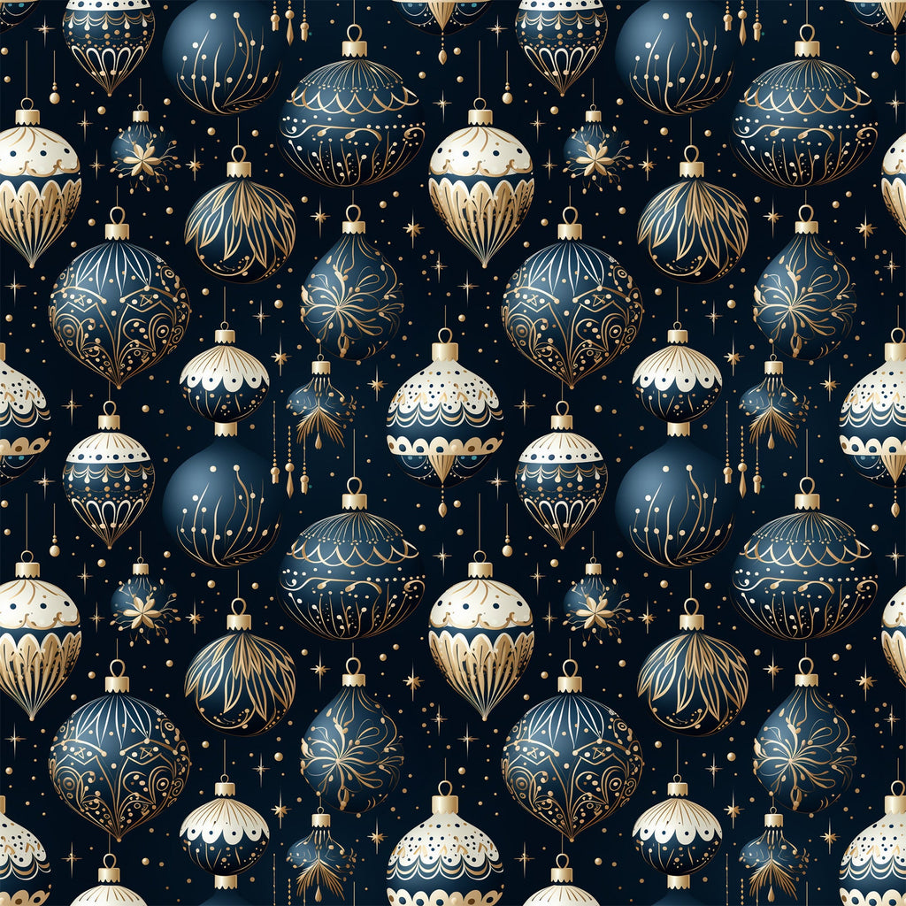 navy blue, cream white, gold accents, christmas ornaments, baubles, decorative balls, intricate patterns, festive design, holiday motifs, stars, sparkles, elegant ornaments, repeating pattern,, fabric panel, christmas fabric, winter holidays, ornate decorations, geometric designs, scalloped edges