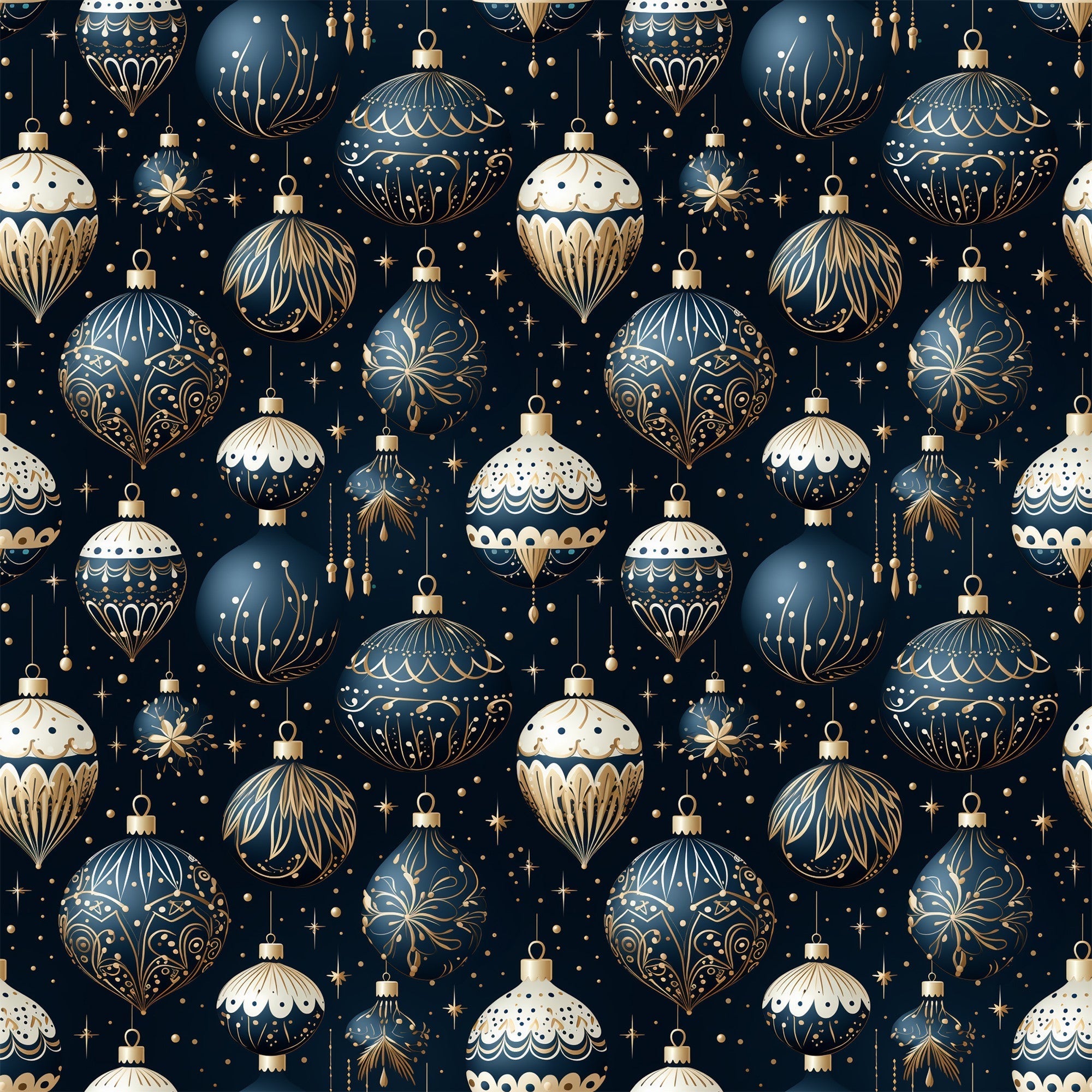 navy blue, cream white, gold accents, christmas ornaments, baubles, decorative balls, intricate patterns, festive design, holiday motifs, stars, sparkles, elegant ornaments, repeating pattern,, fabric panel, christmas fabric, winter holidays, ornate decorations, geometric designs, scalloped edges