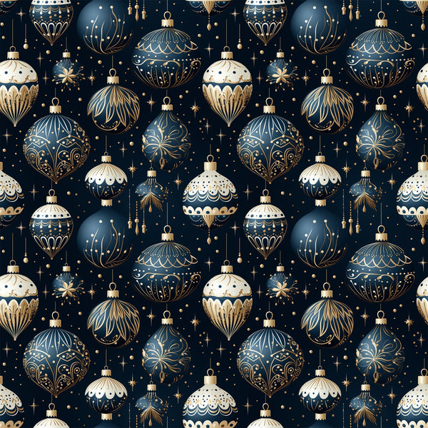 navy blue, cream white, gold accents, christmas ornaments, baubles, decorative balls, intricate patterns, festive design, holiday motifs, stars, sparkles, elegant ornaments, repeating pattern,, fabric panel, christmas fabric, winter holidays, ornate decorations, geometric designs, scalloped edges