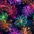 Neon Daisy Pattern 1 Fabric featuring vibrant neon floral designs, glowing daisy motifs, multicolored flowers, bright luminous petals, dark background, continuous yardage, premium textile, soft cotton fabric, floral print cotton material.