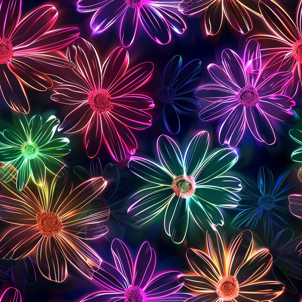 Neon Daisy Pattern 1 Fabric featuring vibrant neon floral designs, glowing daisy motifs, multicolored flowers, bright luminous petals, dark background, continuous yardage, premium textile, soft cotton fabric, floral print cotton material.