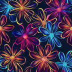 Neon Daisy Pattern 10 Fabric with colorful floral design, vibrant daisies, bright pink, blue, orange, yellow flowers on dark background, quilting material, cotton textile, decorative fabric, vivid pattern, sewing cloth, premium fabric.