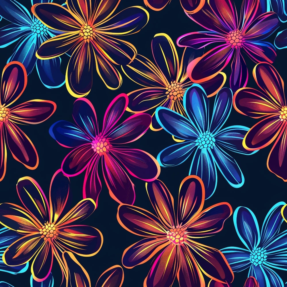 Neon Daisy Pattern 10 Fabric with colorful floral design, vibrant daisies, bright pink, blue, orange, yellow flowers on dark background, quilting material, cotton textile, decorative fabric, vivid pattern, sewing cloth, premium fabric.