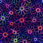 Neon Daisy Pattern 11 Fabric, quilting, cotton, fabric, floral, flowers, neon colors, glowing, bright, vibrant, multicolor, dark background, daisy motif, textile, material, craft fabric, decorative