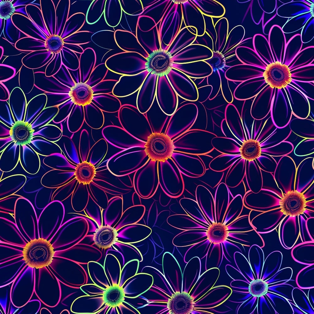 Neon Daisy Pattern 11 Fabric, quilting, cotton, fabric, floral, flowers, neon colors, glowing, bright, vibrant, multicolor, dark background, daisy motif, textile, material, craft fabric, decorative