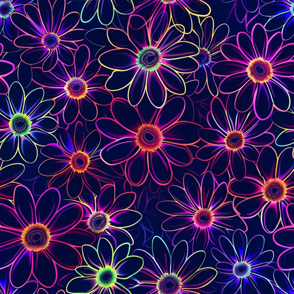Neon Daisy Pattern 11 Fabric, quilting, cotton, fabric, floral, flowers, neon colors, glowing, bright, vibrant, multicolor, dark background, daisy motif, textile, material, craft fabric, decorative