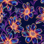 Neon Daisy Pattern 12 Fabric featuring vibrant neon-colored daisies in shades of purple, blue, orange, and yellow on a dark background, floral design, glowing effect, quilting material, textile for crafts and sewing projects, bright colorful fabric.