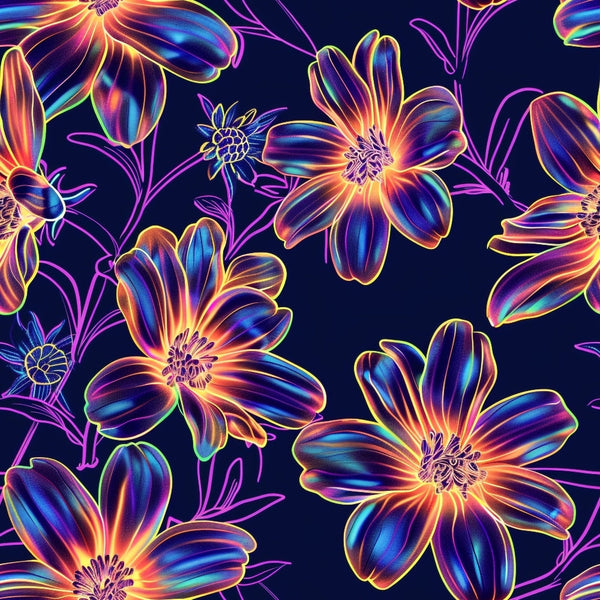 Neon Daisy Pattern 12 Fabric featuring vibrant neon-colored daisies in shades of purple, blue, orange, and yellow on a dark background, floral design, glowing effect, quilting material, textile for crafts and sewing projects, bright colorful fabric.