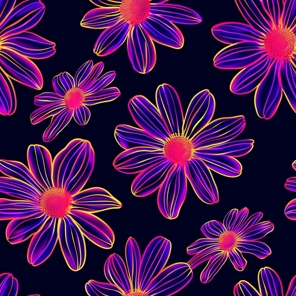 Neon Daisy Pattern 13 Fabric - neon colors - daisy flowers - floral design - black background - vibrant hues - quilting material - cotton textile - bright petals - glowing outlines - decorative fabric