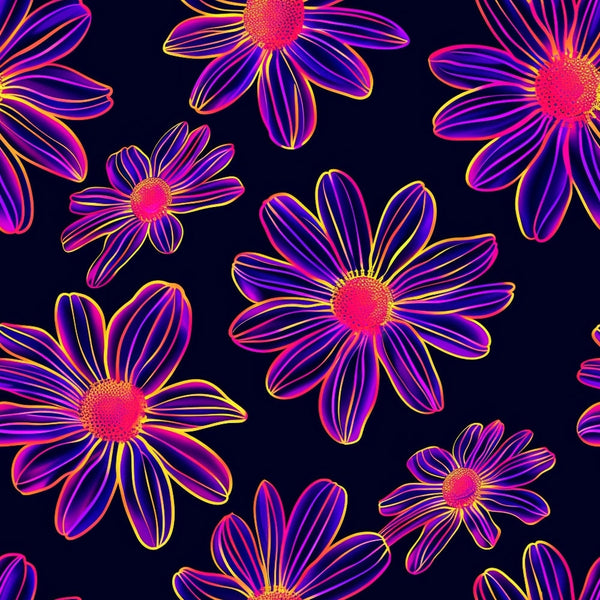 Neon Daisy Pattern 13 Fabric - neon colors - daisy flowers - floral design - black background - vibrant hues - quilting material - cotton textile - bright petals - glowing outlines - decorative fabric