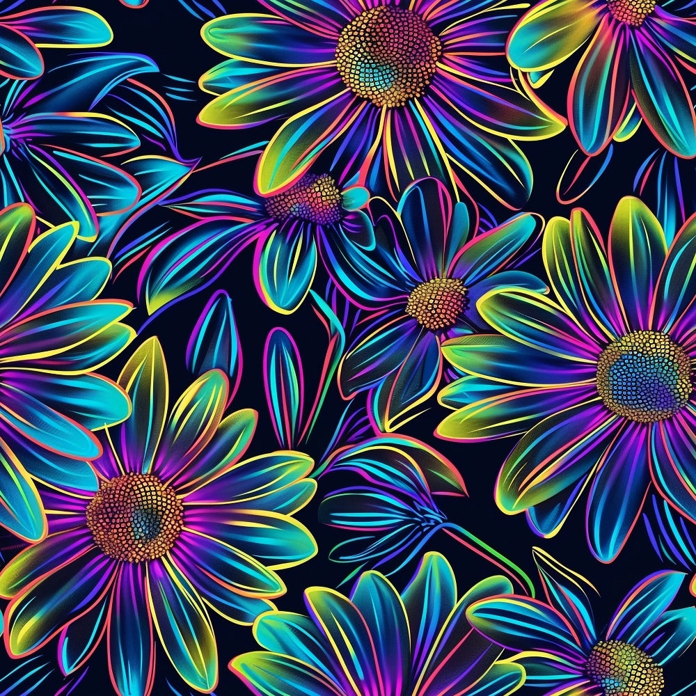 '- Neon Daisy Pattern 14 Fabric - Vibrant multicolor daisy flowers - Glowing yellow, blue, purple petals - Dark background floral design - Bright, luminous, radiant blossoms - Quilting material, premium cotton - Decorative, artistic textile print