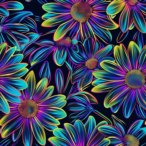 '- Neon Daisy Pattern 14 Fabric - Vibrant multicolor daisy flowers - Glowing yellow, blue, purple petals - Dark background floral design - Bright, luminous, radiant blossoms - Quilting material, premium cotton - Decorative, artistic textile print