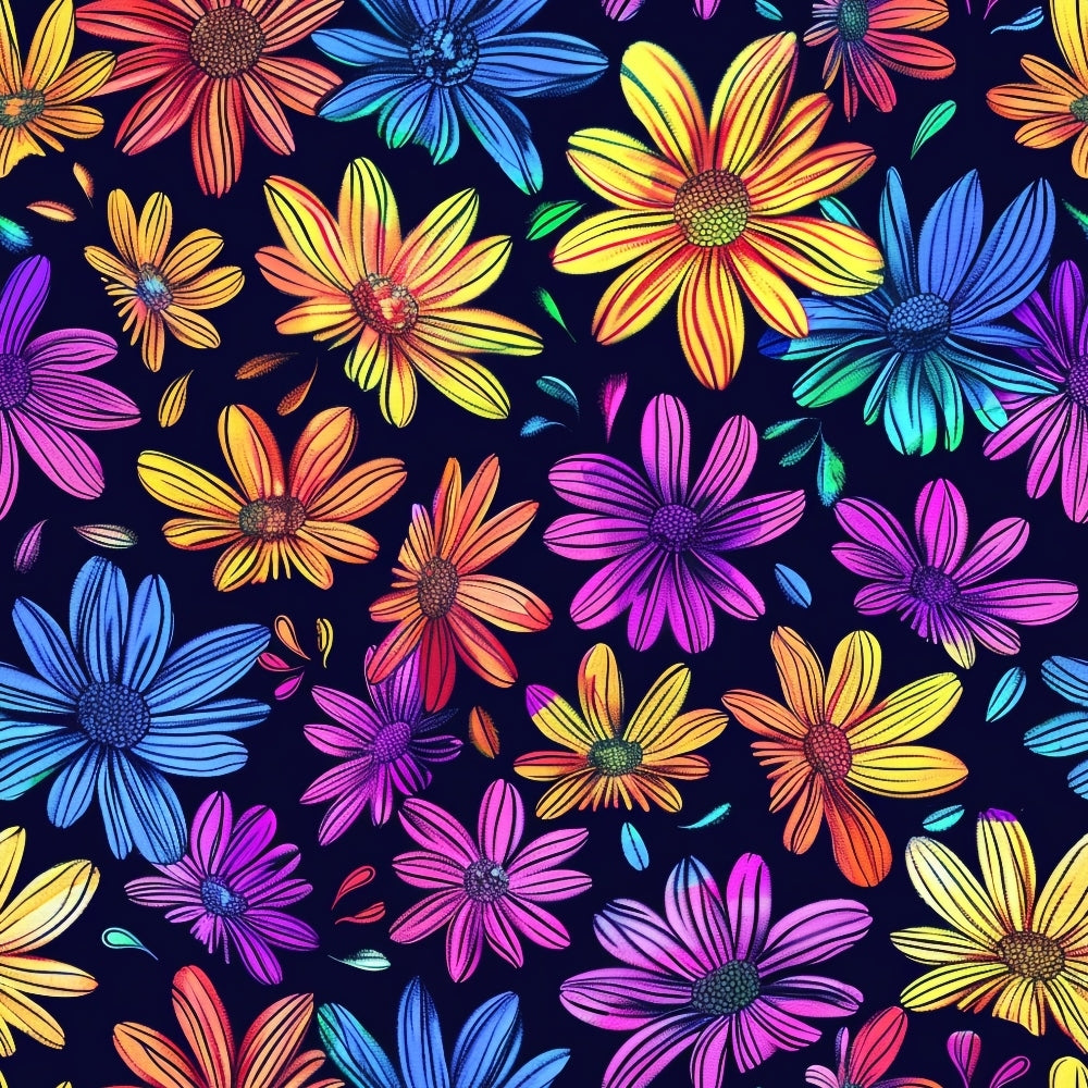 '- Neon Daisy Pattern 15 Fabric - vibrant floral design - colorful daisies - bright yellow, orange, pink, blue, purple flowers - textile - fabric yardage for sewing - bold flower print - premium cotton material - handmade style fabric