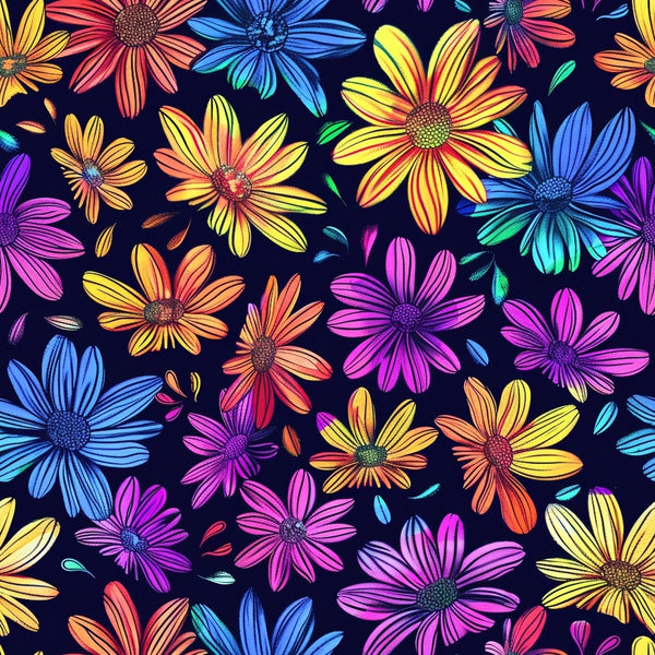 '- Neon Daisy Pattern 15 Fabric - vibrant floral design - colorful daisies - bright yellow, orange, pink, blue, purple flowers - textile - fabric yardage for sewing - bold flower print - premium cotton material - handmade style fabric