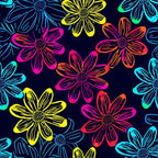 '- Neon Daisy Pattern 16 Fabric - Bright floral design - Neon yellow, pink, orange, blue, turquoise flowers - Black background - material - Vibrant, colorful, decorative textile - Summer flower print - Premium fabric for sewing projects