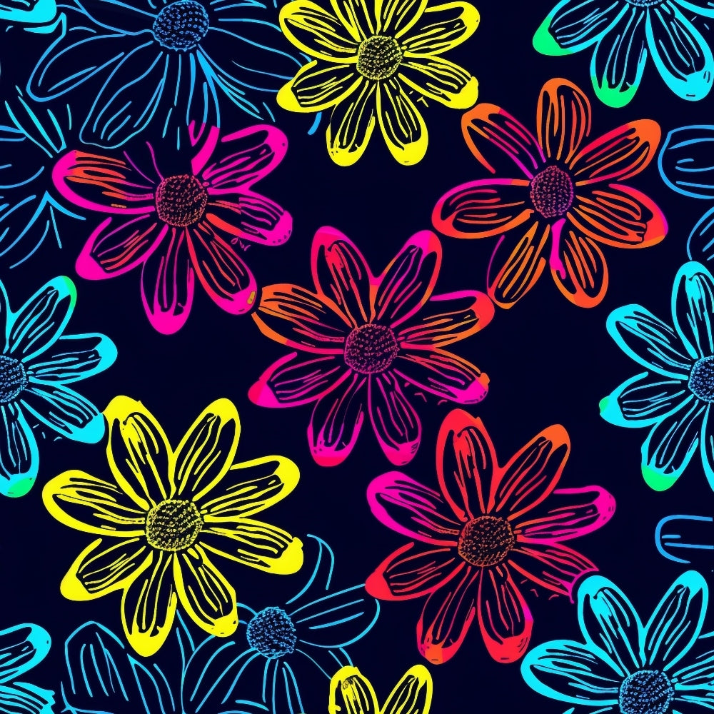 '- Neon Daisy Pattern 16 Fabric - Bright floral design - Neon yellow, pink, orange, blue, turquoise flowers - Black background - material - Vibrant, colorful, decorative textile - Summer flower print - Premium fabric for sewing projects