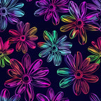 Neon Daisy Pattern 17 Fabric showing multicolor daisy flowers in vibrant neon hues on dark background, floral design, quilting textile, soft cotton material, bright, colorful, decorative fabric, artisan printed, premium quality cotton fabric for sewing and quilting projects